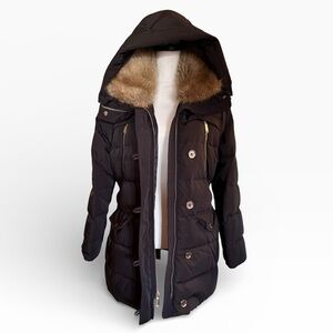Michael Kors Black Belted Down Puffer Coat Fur Trim Hood Gold Hardware Large